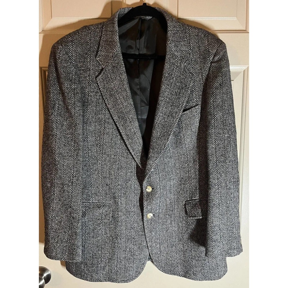 Mens Size 44R Arnold Palmer 100% Wool Herringbone Black And White Blazer Jacket